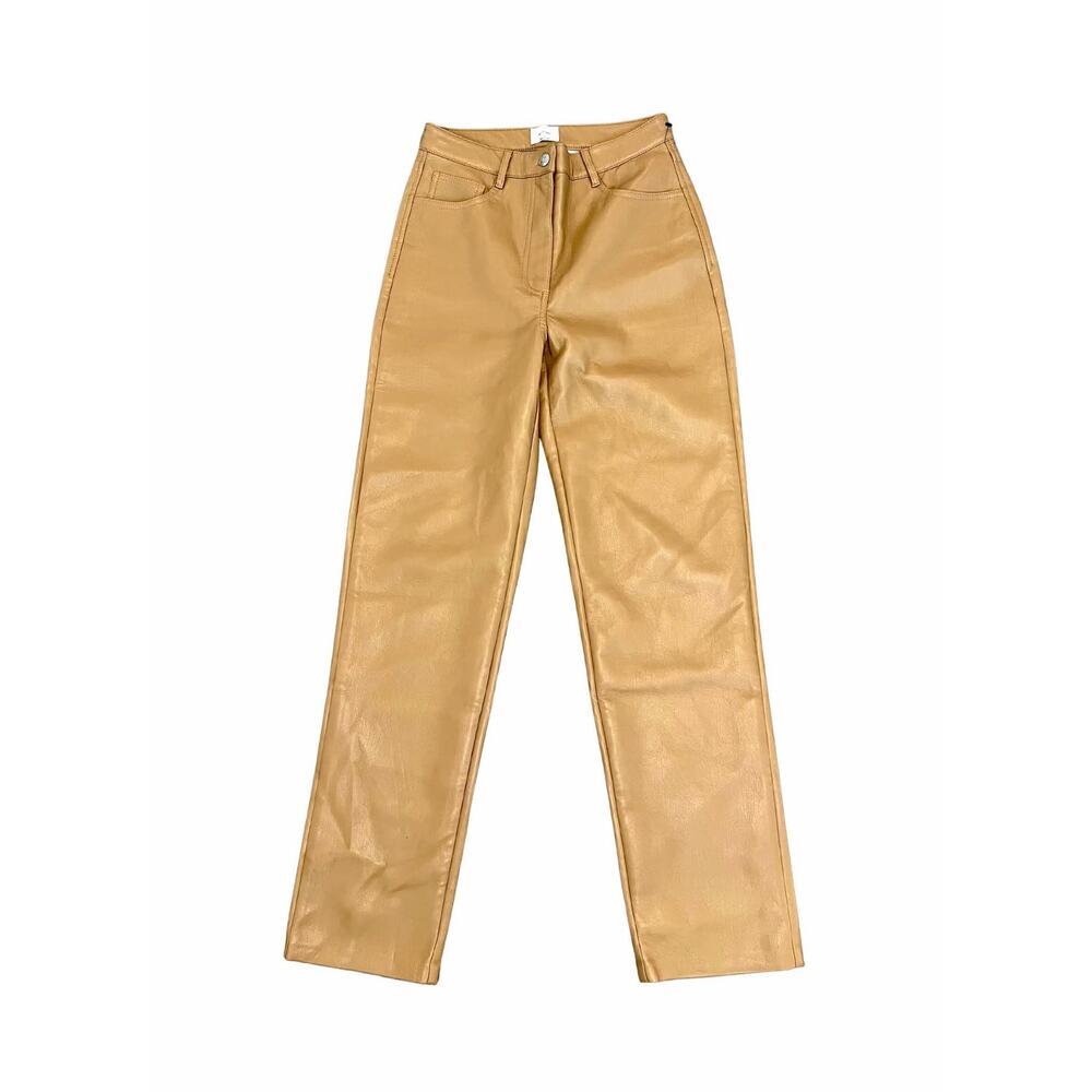 Aritzia Wilfred Leather Pants in Brown Size 4 Zip Fly Straight Leg Pockets - Picture 2 of 3
